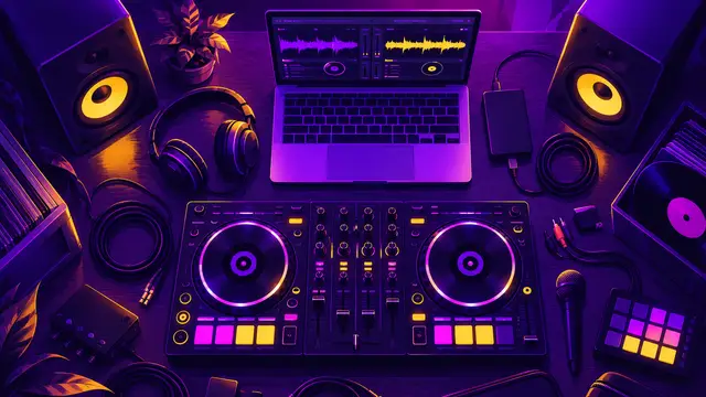 Рабочий стол начинающего диджея: ноутбук, DJ-контроллер, наушники, колонки и кабели, вид сверху
