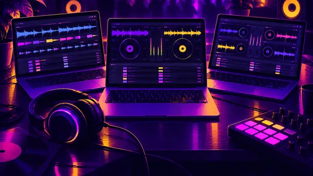 Три ноутбуки с разными DJ-программами рядом с наушниками и пэдами