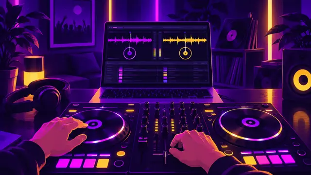 Руки на контроллере перед ноутбуком с двумя дорожками треков в DJ-программе