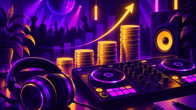 Столбики монет и стрелка роста рядом с DJ-контроллером и наушниками